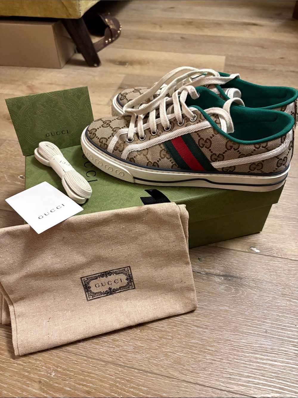 Gucci Kids GG Canvas Sneakers with Green/Red Web and Cream Trim